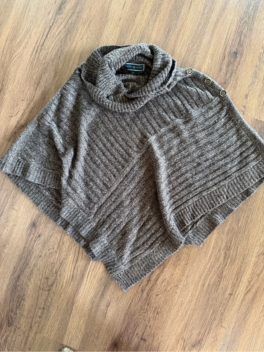Karen Scott Brown Ribbed Cowl Neck Poncho with Button Detail